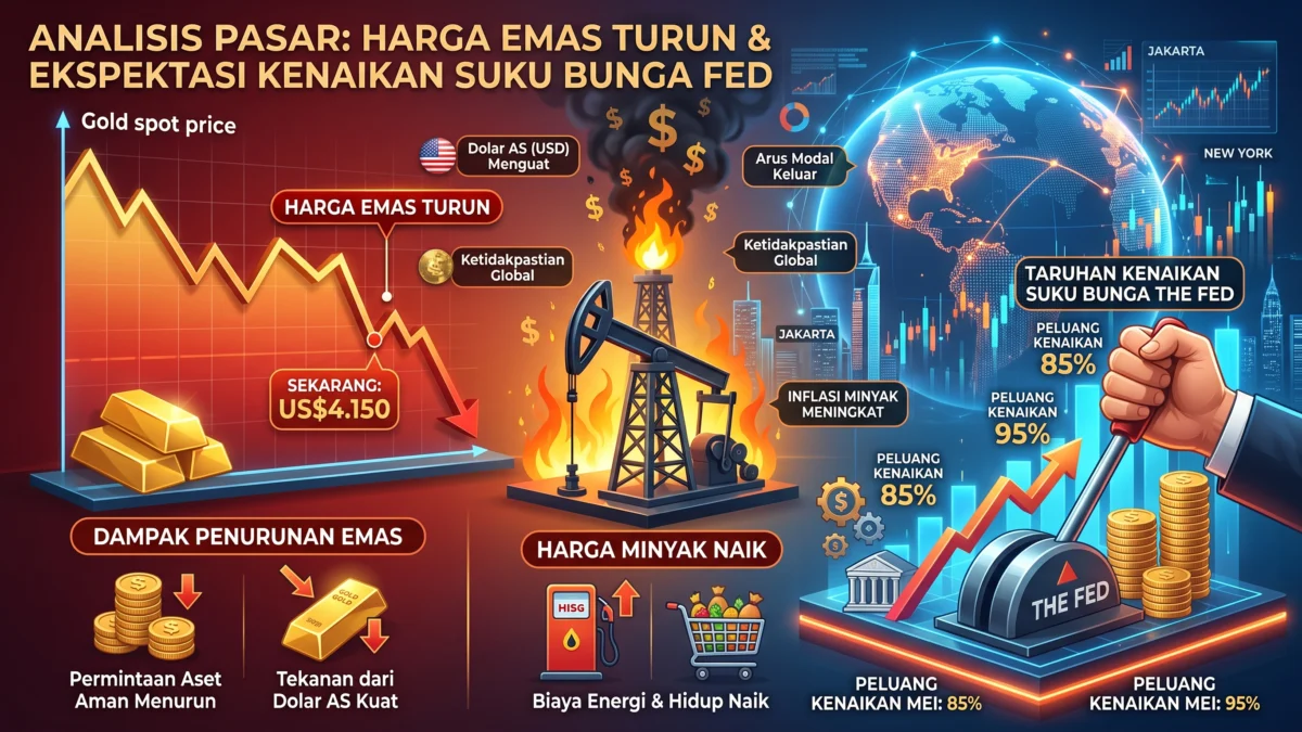 Emas Turun ke US$4.150, Inflasi Minyak Dorong Taruhan Kenaikan Suku Bunga The Fed