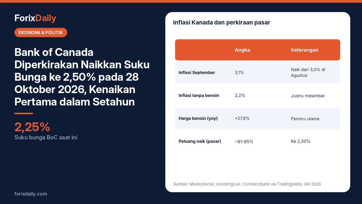 Bank of Canada Diperkirakan Naikkan Suku Bunga ke 2,50% pada 28 Oktober 2026, Kenaikan Pertama dalam Setahun