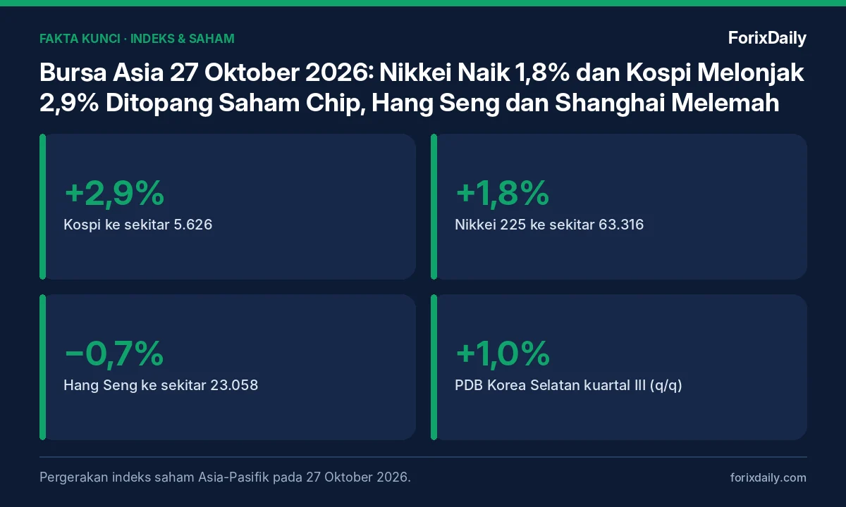 Fakta kunci: Bursa Asia 27 Oktober 2026: Nikkei Naik 1,8% dan Kospi Melonjak 2,9% Ditopang Saham Chip, Hang Seng dan Shanghai Melemah
