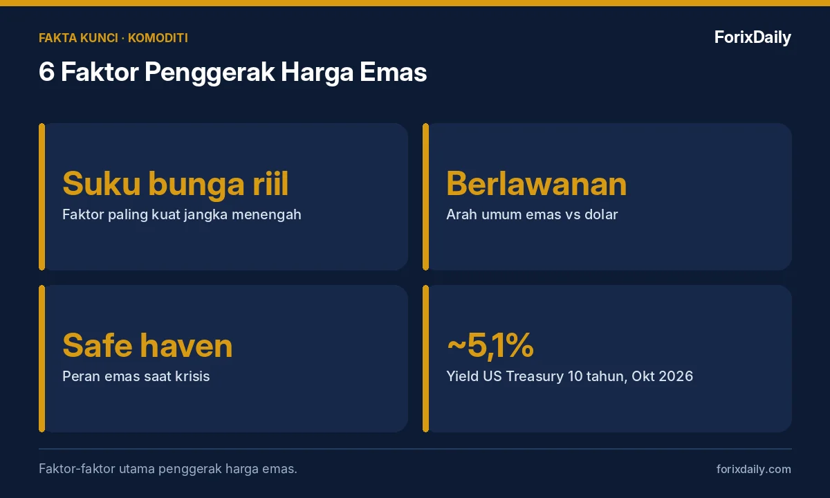 Fakta kunci: 6 Faktor Penggerak Harga Emas: Suku Bunga Riil, Dolar AS, hingga Pembelian Bank Sentral