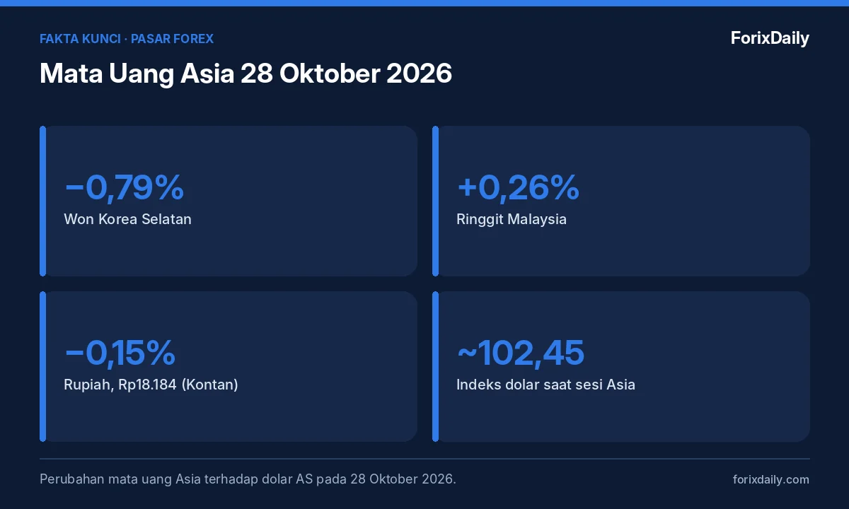 Fakta kunci: Mata Uang Asia 28 Oktober 2026: Won Melemah 0,79%, Ringgit Menguat, Rupiah Catat Penutupan Terlemah