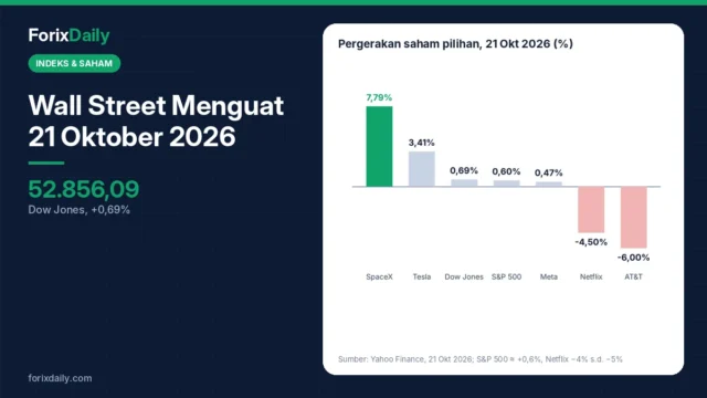Wall Street Menguat 21 Oktober 2026: Dow Naik 0,69%, Saham SpaceX Melonjak 7,8%, Netflix Melemah