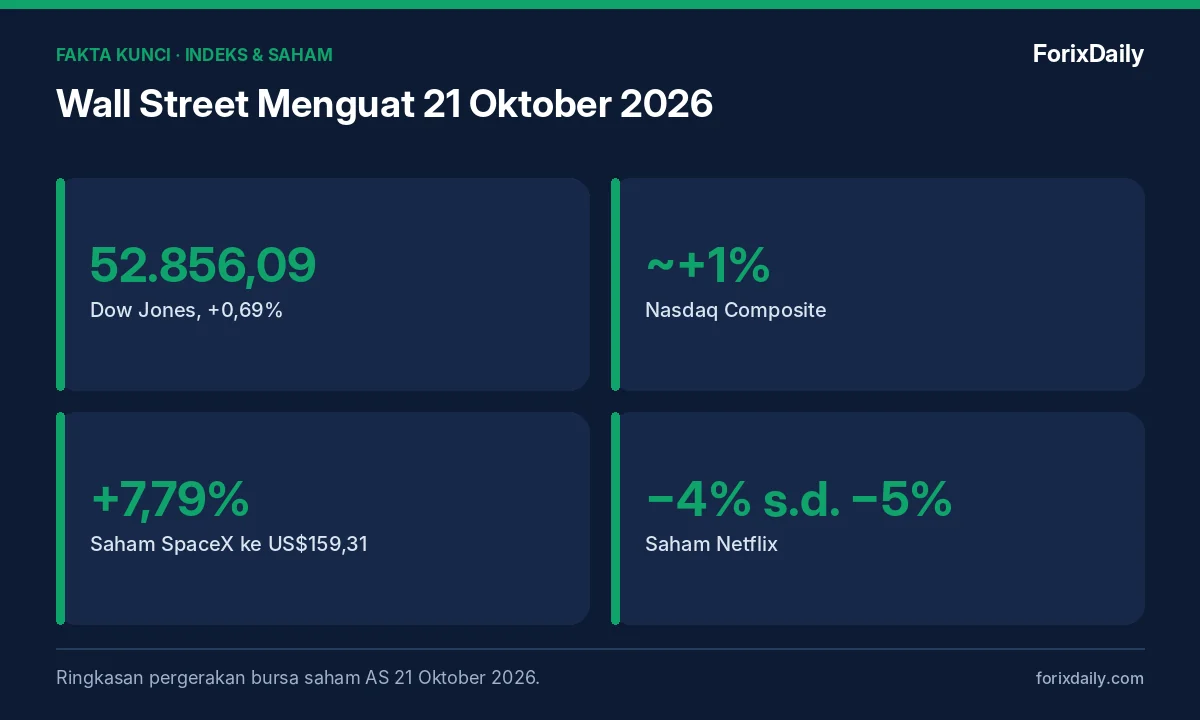 Fakta kunci: Wall Street Menguat 21 Oktober 2026: Dow Naik 0,69%, Saham SpaceX Melonjak 7,8%, Netflix Melemah