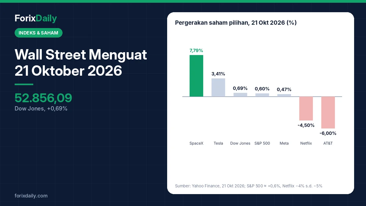 Wall Street Menguat 21 Oktober 2026: Dow Naik 0,69%, Saham SpaceX Melonjak 7,8%, Netflix Melemah